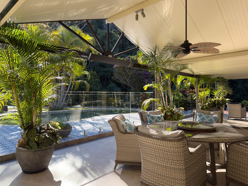 Covered outdoor dining and lounge area